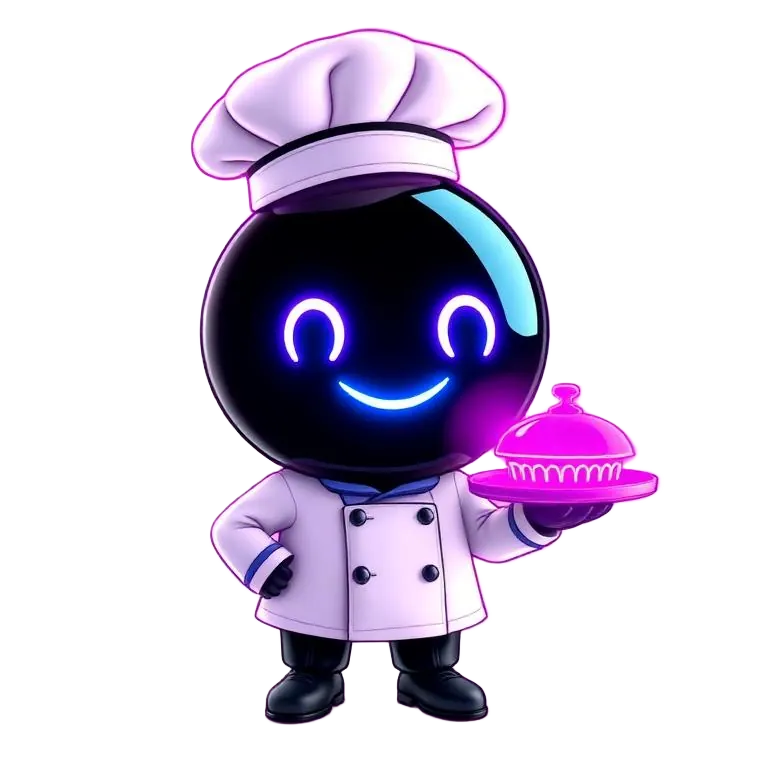 Cheerful chef mascot in a white toque holding a serving plate