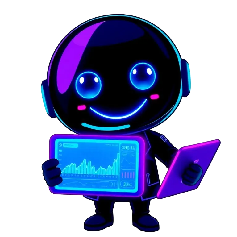 Friendly fintech mascot character holding a glowing data dashboard
